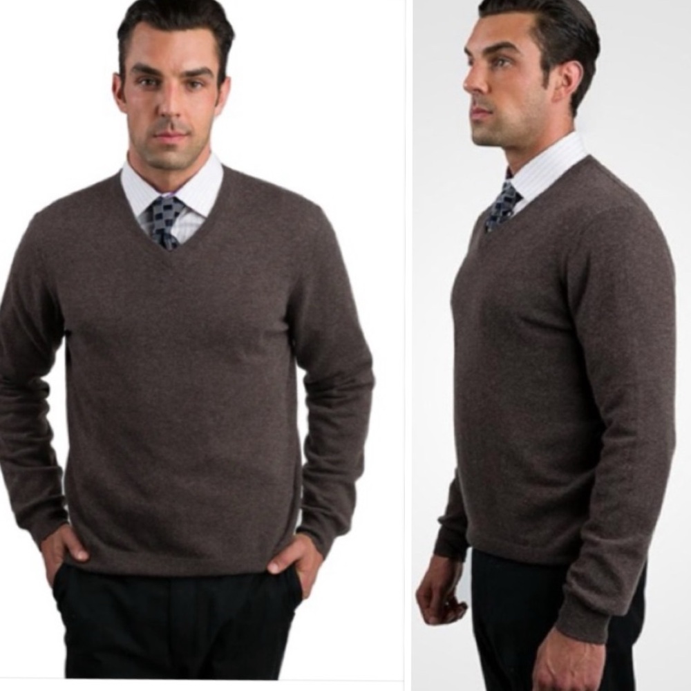 Joseph & Lyman 100% Cashmere Mocha/Gray V-Neck Sweater Pullover Sz. M